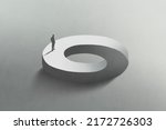 Illustration of man walking on surreal futuristic circle, abstract endless path concept