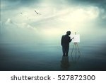 surrealistic painter artist in the water painting on a canvas