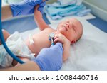 Newborn baby. Little child in medicine hospital. Medical health care. Doctor pediatrician. Small kid, infant in clinic.