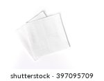 Napkin isolated on white background. Kitchen paper serviette. Clean food towel in restaurant. Single square shape object. Blank tablecloth on table. Domestic, cafe cloth. 