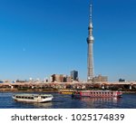Sightseeing boats cruising on Sumidagawa River on a beautiful sunny day and the landmark Tokyo Skytree Tower standing out among modern buildings under blue clear sky, viewed from Asakusa, Tokyo, Japan