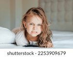 Small photo of portrait of a cute little girl crying child, stress, pain, sadness, despair Furious hungry toddler kid got upset and sad Depressed hysteria hysterics neurology