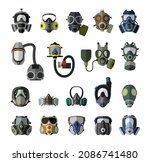 Set of gas mask flat icons. Collection of icons, chemical gas mask, poison gas mask, for firefighters and the military, pollution protection masks.
