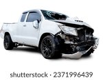 Front and Side view of white pickup car get damaged by accident on the road. damaged cars after collision. isolated on white background with clipping path include