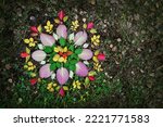 Outdoor activity autumn round mandala of green, red and yellow leaves, rowan berries, laid out on the grass and land, top view. Land art design