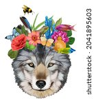 Portrait Of Wolf With A Floral...