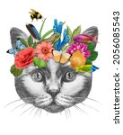 Portrait Of Cat With A Floral...