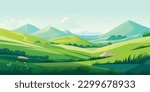 Serene Fields  Vibrant Vector Illustration of a Lush Cartoon Meadow with Blue Skies and Rolling Hills