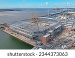 Small photo of Liverpool, Merseyside. United Kingdom. 08.07.2023 Everton Football Club new Stadium being built on Bramley Moore Dock along the River Mersey. 7th August 2023.
