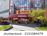 Small photo of Berlin 2022: Poco is a German furniture discounter. View of the entrance to the store in Kreuzberg.
