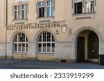 Small photo of Cottbus Germany, July 9, 2023: View of the "Restaurant Zur Eisenbahn", historical facade.