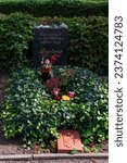 Small photo of Berlin Germany October 11, 2023: Honorary grave of the state of Berlin for Marlene Dietrich at the Schoneberg III cemetery. The actress was born in Schoneberg in 1901.