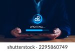 Small photo of Operating system upgrade concept, installation app and software update process, modernize user equipment, update modern functions, developer released new version Improved security. User is downloading