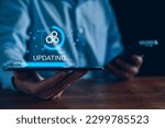 Operating system upgrade concept, installation app and software update process, modernize user equipment, update modern functions, developer released new version Improved security. User is downloading