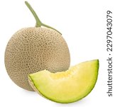 Small photo of Crown Musk Melon on white background, Shizuoka Crown Melon Yama Grade on isolate onwhite backgroung with clipping path.