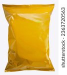 Small photo of Food Packaging, Foil and plastic snack bags mockup isolated on white background, Yellow colored pillow packages for food production on White Background With clipping path.