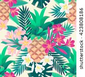pineapple  palm leaves  pink... | Shutterstock .eps vector #423808186