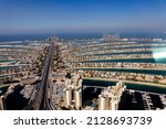 Small photo of Dubai, UAEmirates - febr 24 2022: Nice view from the 52nd floor of the Palm Tower in NW direction. Areal view over Palm Island and the brand new Royal Atlantis under construction 3 km away.
