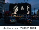 Small photo of London, United Kingdom - September 9, 2022: The enormous photo of HRM Queen Elizabeth II at Piccadilly Circus in London