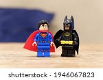 Small photo of Surabaya, Indonesia - March 15, 2021: isolated photo of batman and superman friendship. lego minifigs are made by the lego group.