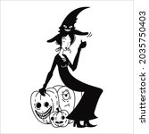 outline witch sitting on... | Shutterstock .eps vector #2035750403