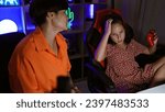 Small photo of Mother-daughter streamer duo stressed while streaming video game in gaming room, showcasing a family gaming night gone awry