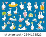 Set of vector illustration with cute and funny goose. Trendy stickers with birds.	