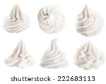 Set of six different white decorative swirling toppings for dessert isolated on white depicting whipped cream, ice cream or frozen yogurt