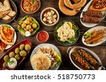 Top down view on enormous buffet of delicious freshly prepared middle eastern cuisine