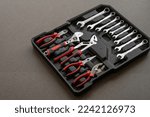 Small photo of Toolbox Wrench car repair kit in toolbox hand tool set Inside the toolbox there are different types of wrenches.