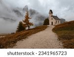 Church of cappella di san Maurizio at the Passo gardena pass in the Dolomites