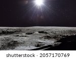 Moon surface and stars with sunlight in outer space. Exploration of Solar system. Artemis lunar space program. Elements of this image furnished by NASA