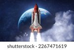 Small photo of Space shuttle rocket in deep space with clouds and Earth planet. Spaceship on orbit of the planet. Sci-fi space wallpaper. Elements of this image furnished by NASA