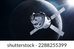 Small photo of Orion spacecraft landing on Moon surface. Spaceship of Artemis mission with astronauts near Moon. Exploration of our satellite. Return on Moon. Elements of this image furnished by NASA