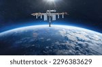 Small photo of Space station on orbit of Earth planet. Blue planet and ISS in deep space. Elements of this image furnished by NASA