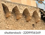 Detail of the stone arches supporting the defense corridor of the castle. The ruins of the castle Janohrad. Lednice-Valtice area.