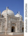 Small photo of Derawar, Bahawalpur, Punjab, Pakistan - 01 25 2018 : Facade detail of beautiful white marble Abbasi mughal style mosque outside Derawar fort in Cholistan desert