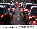 12.04.2021 wroclaw, poland, Cars are parked in traffic during the evening rush hour in the city.