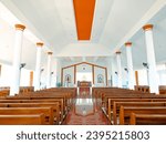 Catholic church interior, seating for Catholic worshipers, Catholic church altar