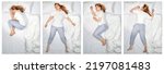Small photo of Various poses of a sleeping woman. Female side sleeper fetal position, on the back, on her side, face down on stomach in bed. Deep restful sleep. Girl lying in a nightie pajamas on white bed linen.