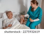 Small photo of Nurse brought pills to elderly woman at her home. Solicitous professional medical female staff caring in a geriatric institution with a senior patient. Lifestyle nursing service.