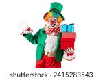 Small photo of Funny clown. Entertainer Joker in colorful suit and wig. Buffoon with clown whiteface makeup. Trickster, jester, pantomime, mime. Professional actor at event, kids party, circus
