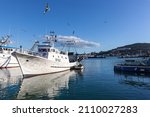 Small photo of Gaeta, Italy - december 28, 2021: fishing smack docked after a day of fishing