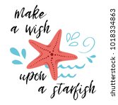 Sea poster with fish phrase Make a wish upon a star, wave, seastar. Vector typographic banner inspirational quote. Card for summer time, vacation. Cute print, label, logo, sticker, stamp, sign