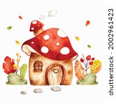 Watercolor hand drawn mushroom house