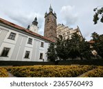 Black Tower and Church of Virgin Mary's Immaculate Conception in Klatovy, old town main square with fountain and column,Bohemia,Czechia
