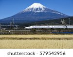 Tokaido Shinkansen and Fuji mountain with rice field