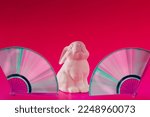 2023. Chinese Zodiac sign white rabbit with compact disc made fans with rainbow reflections on isolated gradient pink-red background. Creative music New Year card. Holiday Easter decoration concept.