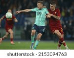 Small photo of ROME, ITALY - 05.05.2022: Jamie Vardy (Leicester), GIANLUCA MANCINI (AS ROMA) in action during UEFA Europa Conference League semi-final match Roma v Leicester City at the Olympic Stadium in Rome.