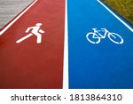 Running track and bike road in the park. Healthy lifestyle. Exercise in the park. Bicycle road symbol on blue background and walking man symbol on the red background.